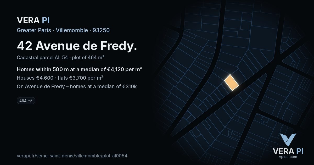42 Avenue de Fredy, Villemomble at night – the plot lit, the parcels around coloured by the prices near them