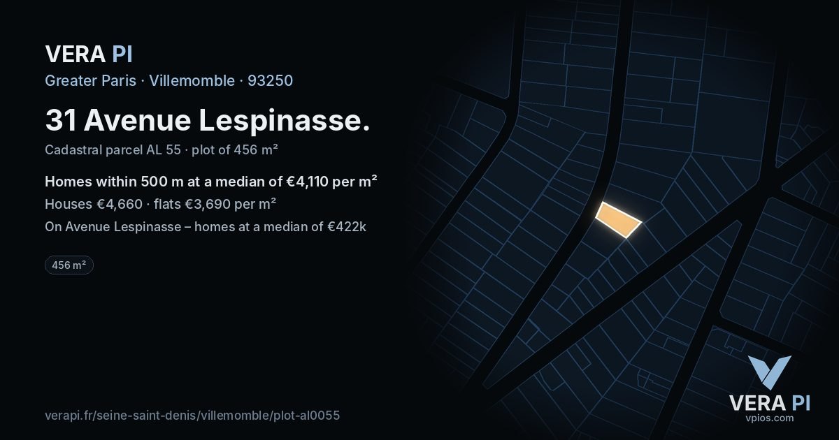 31 Avenue Lespinasse, Villemomble at night – the plot lit, the parcels around coloured by the prices near them