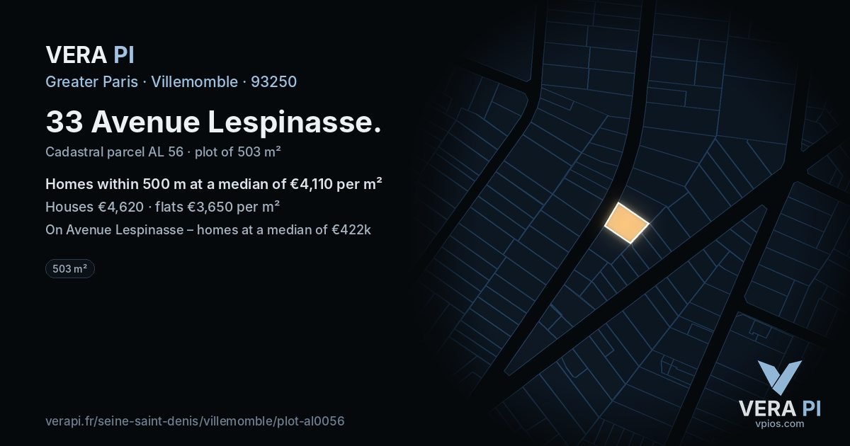 33 Avenue Lespinasse, Villemomble at night – the plot lit, the parcels around coloured by the prices near them