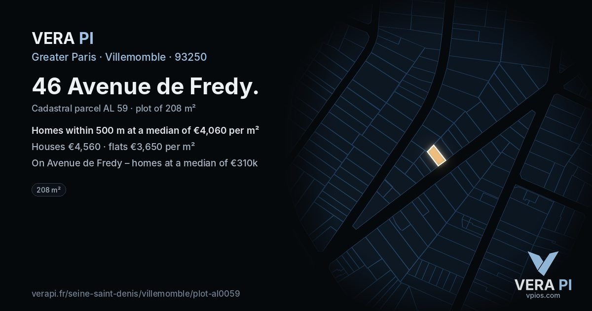 46 Avenue de Fredy, Villemomble at night – the plot lit, the parcels around coloured by the prices near them