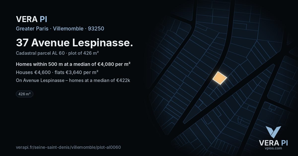 37 Avenue Lespinasse, Villemomble at night – the plot lit, the parcels around coloured by the prices near them
