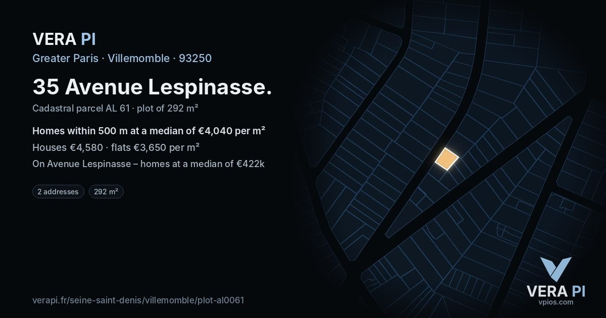 35 Avenue Lespinasse, Villemomble at night – the plot lit, the parcels around coloured by the prices near them