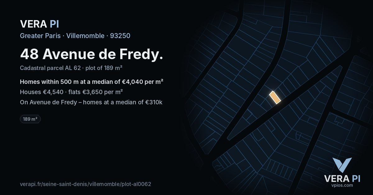 48 Avenue de Fredy, Villemomble at night – the plot lit, the parcels around coloured by the prices near them