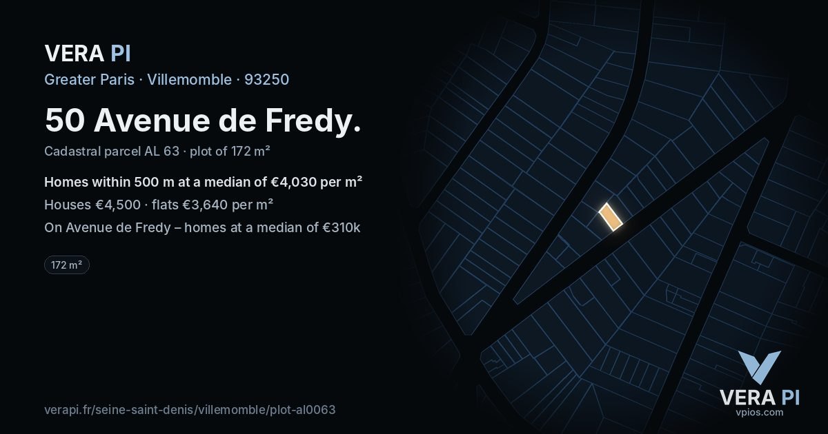 50 Avenue de Fredy, Villemomble at night – the plot lit, the parcels around coloured by the prices near them