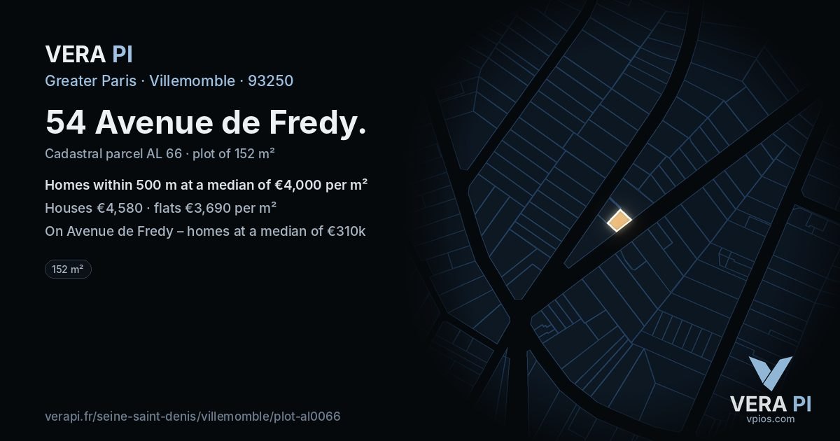 54 Avenue de Fredy, Villemomble at night – the plot lit, the parcels around coloured by the prices near them