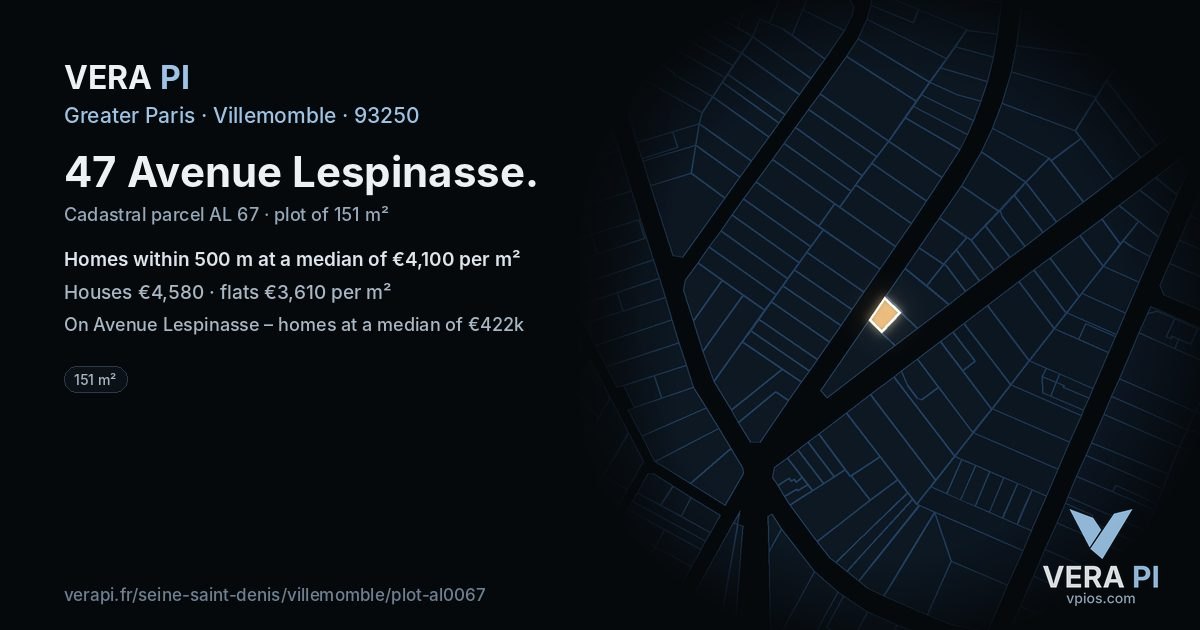 47 Avenue Lespinasse, Villemomble at night – the plot lit, the parcels around coloured by the prices near them