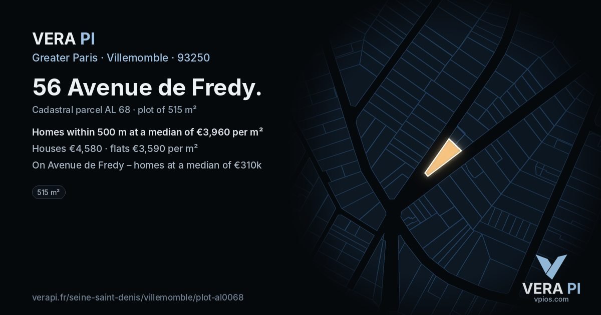 56 Avenue de Fredy, Villemomble at night – the plot lit, the parcels around coloured by the prices near them