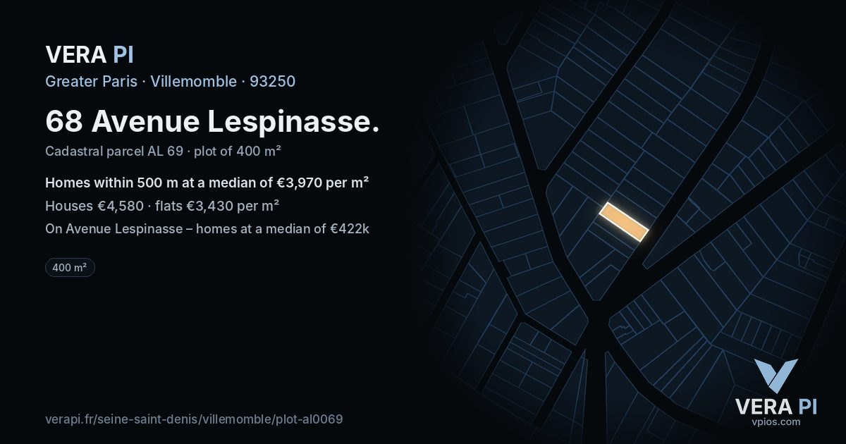 68 Avenue Lespinasse, Villemomble at night – the plot lit, the parcels around coloured by the prices near them