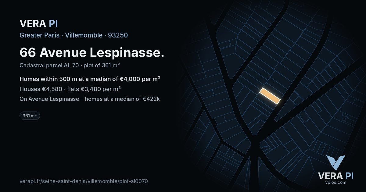 66 Avenue Lespinasse, Villemomble at night – the plot lit, the parcels around coloured by the prices near them