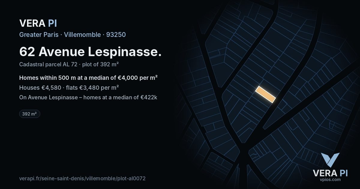 62 Avenue Lespinasse, Villemomble at night – the plot lit, the parcels around coloured by the prices near them
