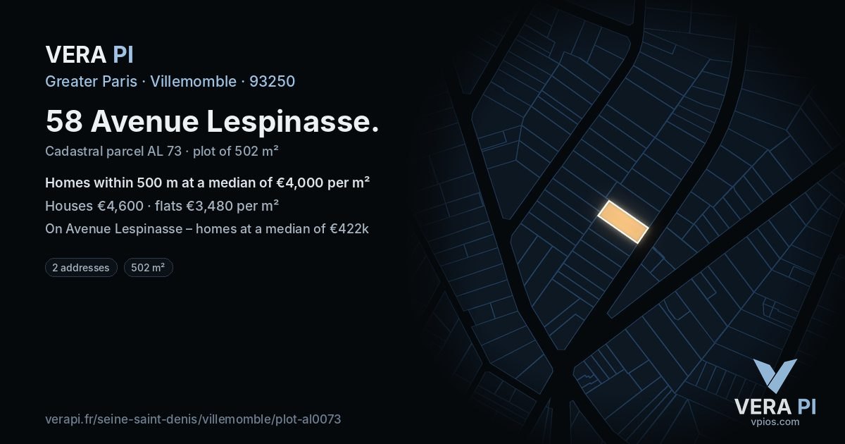 58 Avenue Lespinasse, Villemomble at night – the plot lit, the parcels around coloured by the prices near them