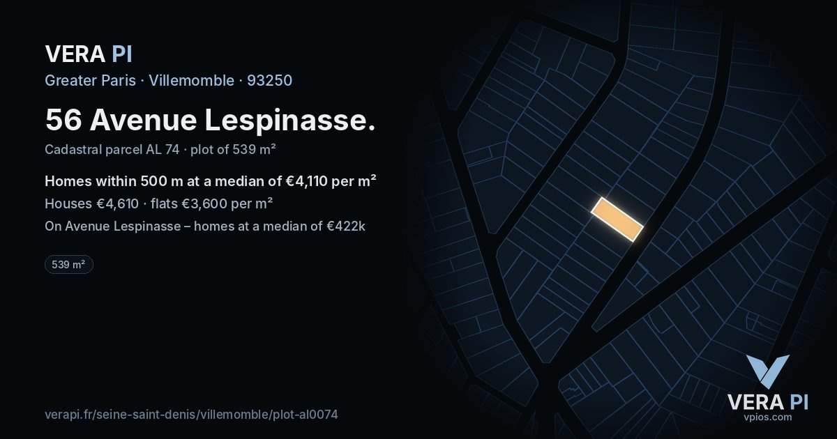 56 Avenue Lespinasse, Villemomble at night – the plot lit, the parcels around coloured by the prices near them
