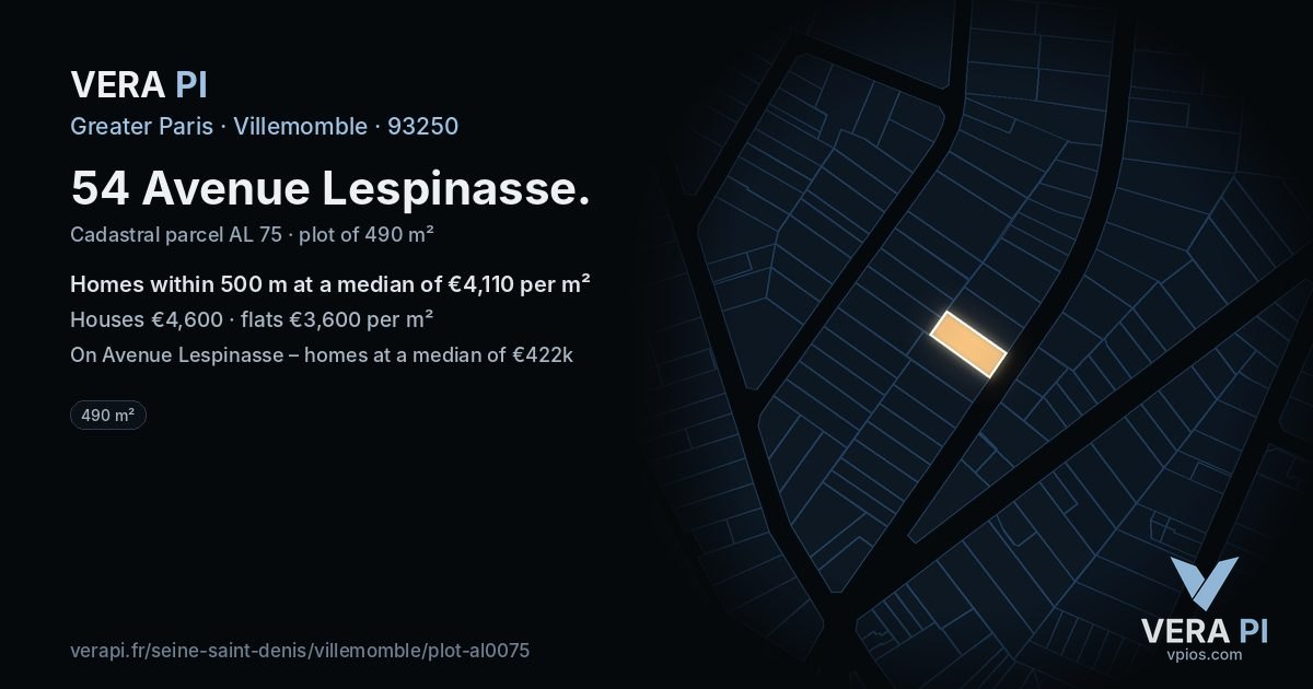 54 Avenue Lespinasse, Villemomble at night – the plot lit, the parcels around coloured by the prices near them