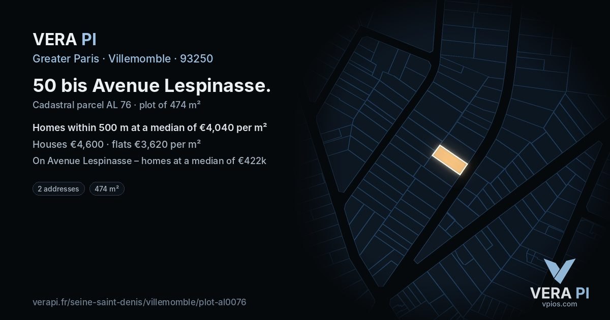 50 bis Avenue Lespinasse, Villemomble at night – the plot lit, the parcels around coloured by the prices near them