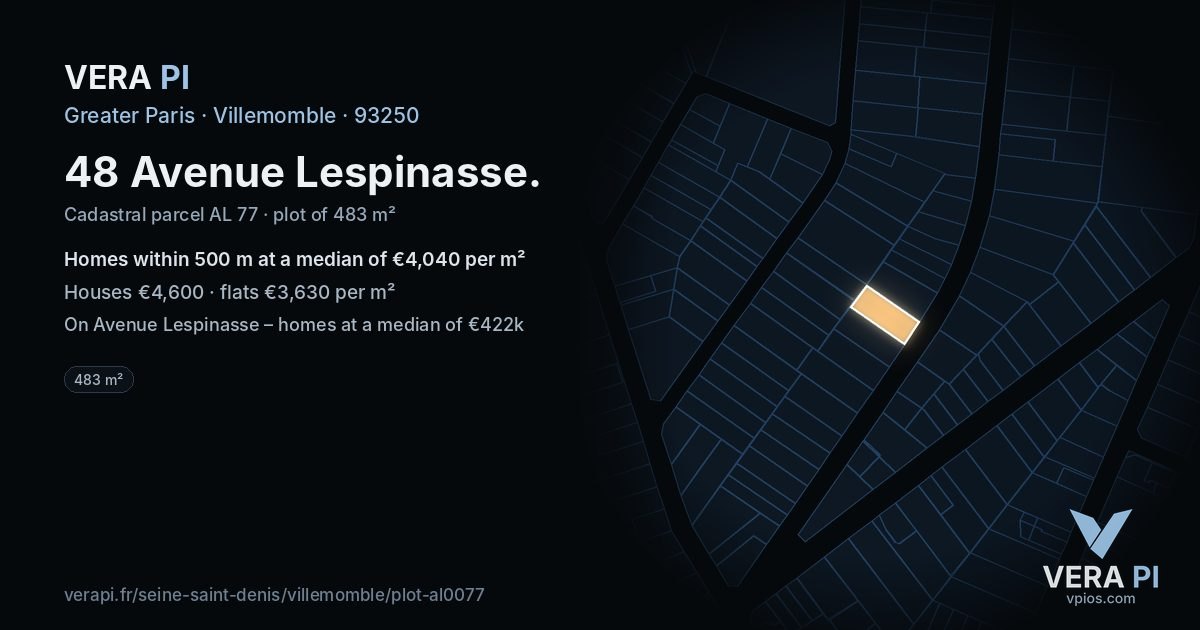 48 Avenue Lespinasse, Villemomble at night – the plot lit, the parcels around coloured by the prices near them
