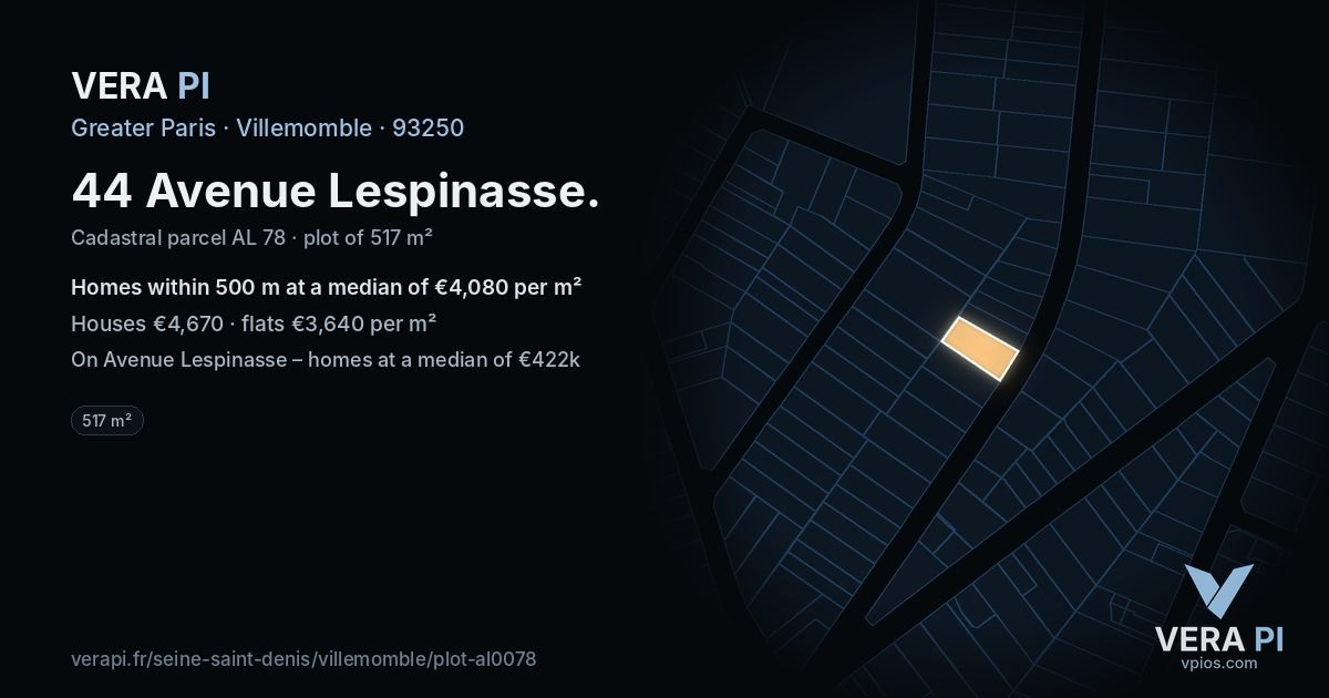 44 Avenue Lespinasse, Villemomble at night – the plot lit, the parcels around coloured by the prices near them