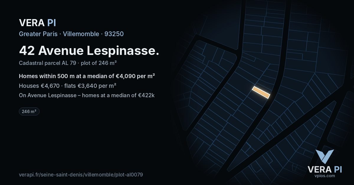 42 Avenue Lespinasse, Villemomble at night – the plot lit, the parcels around coloured by the prices near them