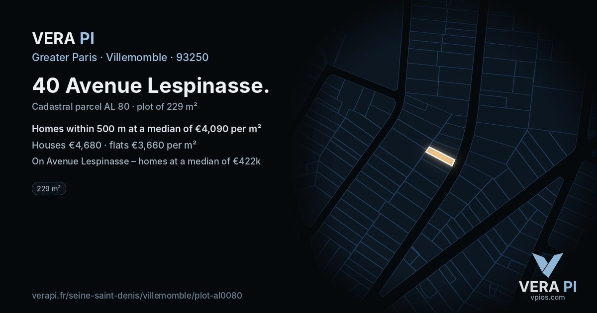 40 Avenue Lespinasse, Villemomble at night – the plot lit, the parcels around coloured by the prices near them