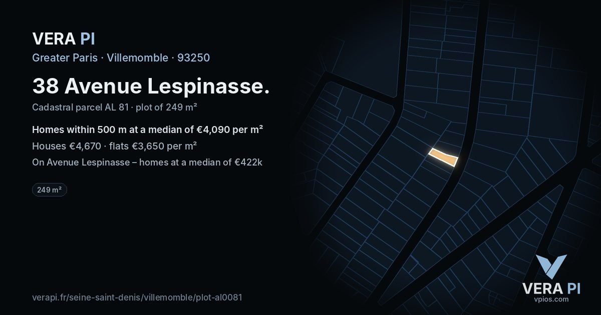 38 Avenue Lespinasse, Villemomble at night – the plot lit, the parcels around coloured by the prices near them