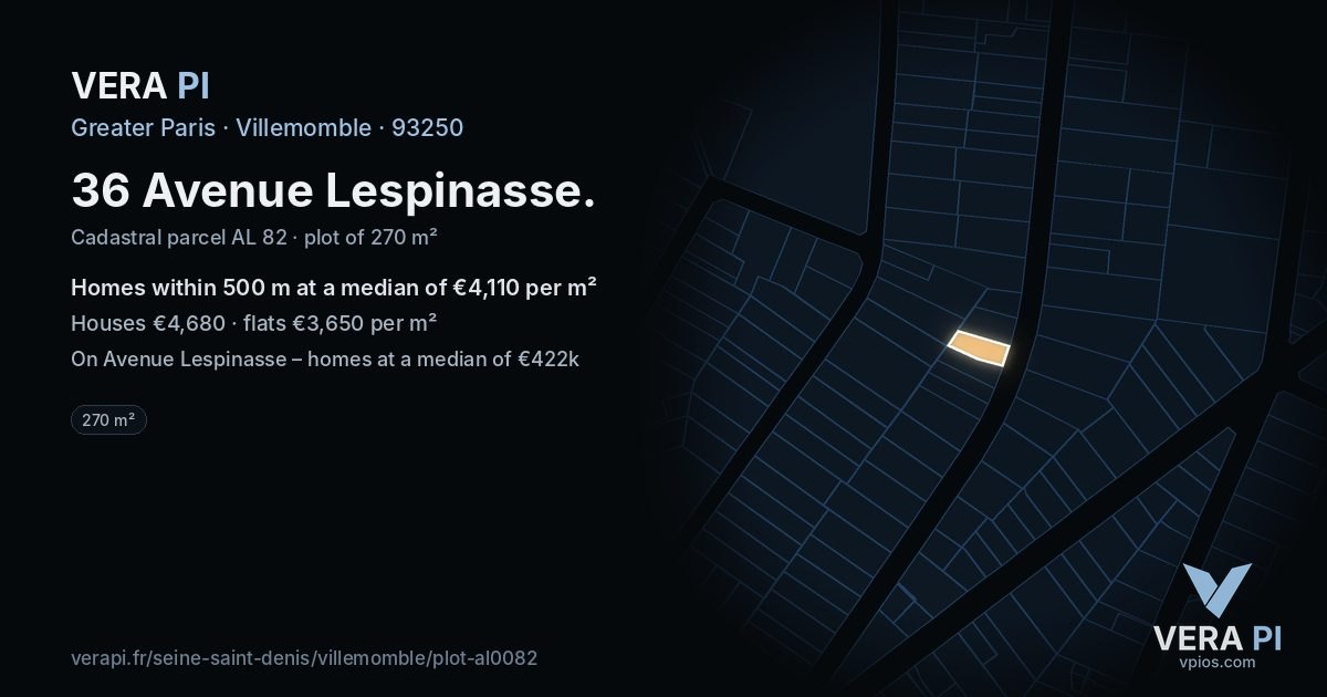 36 Avenue Lespinasse, Villemomble at night – the plot lit, the parcels around coloured by the prices near them