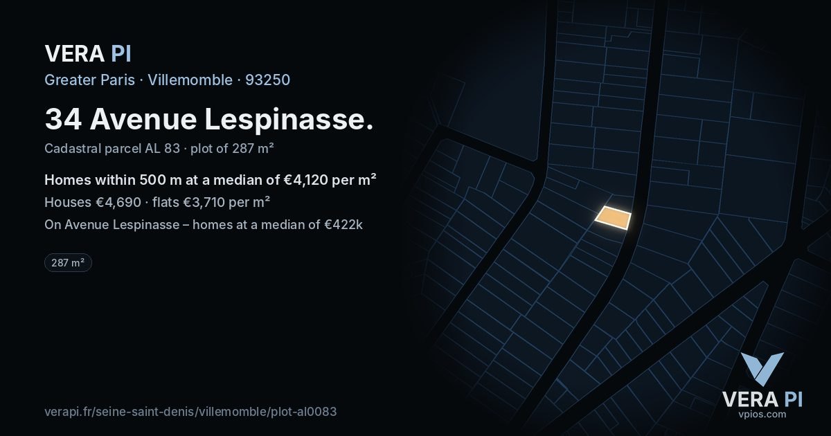 34 Avenue Lespinasse, Villemomble at night – the plot lit, the parcels around coloured by the prices near them