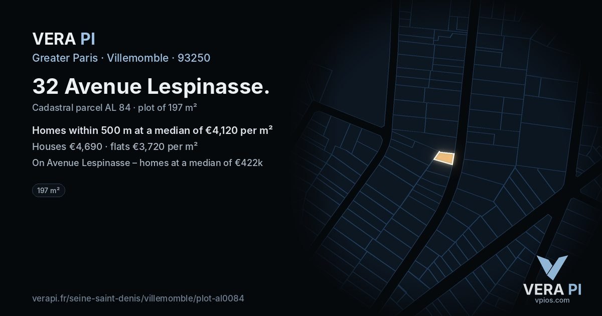 32 Avenue Lespinasse, Villemomble at night – the plot lit, the parcels around coloured by the prices near them