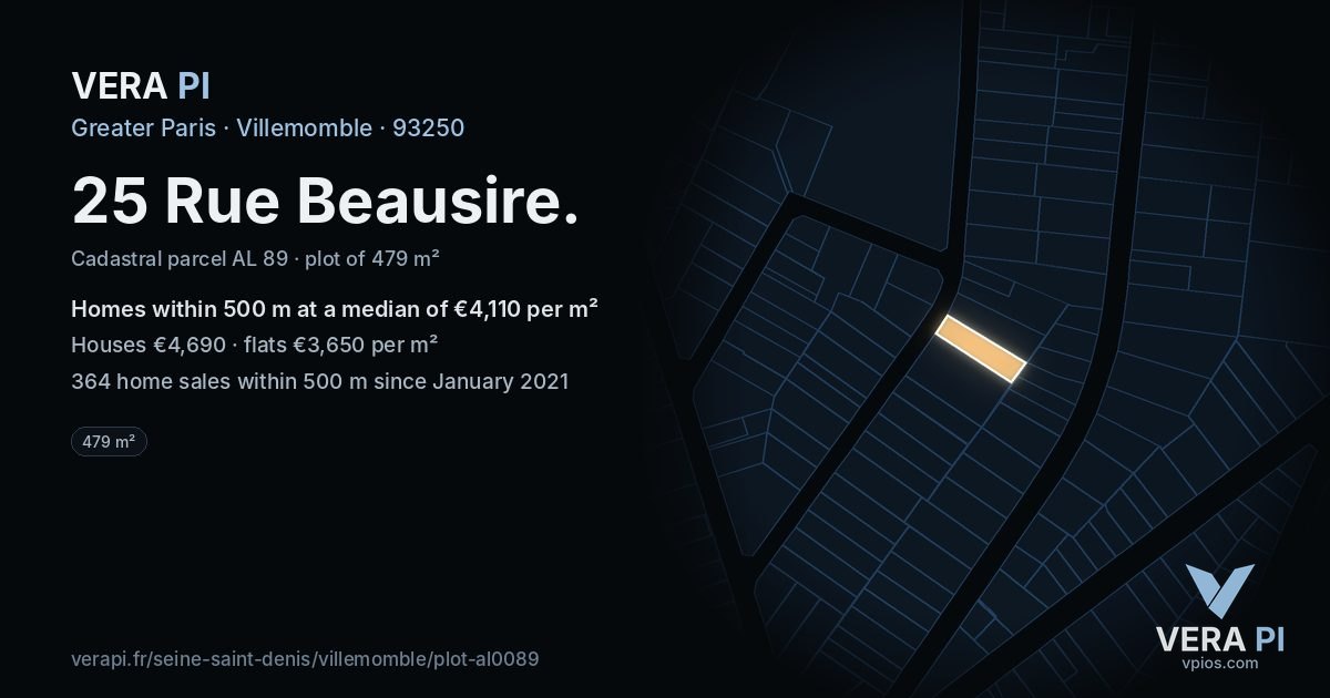 25 Rue Beausire, Villemomble at night – the plot lit, the parcels around coloured by the prices near them