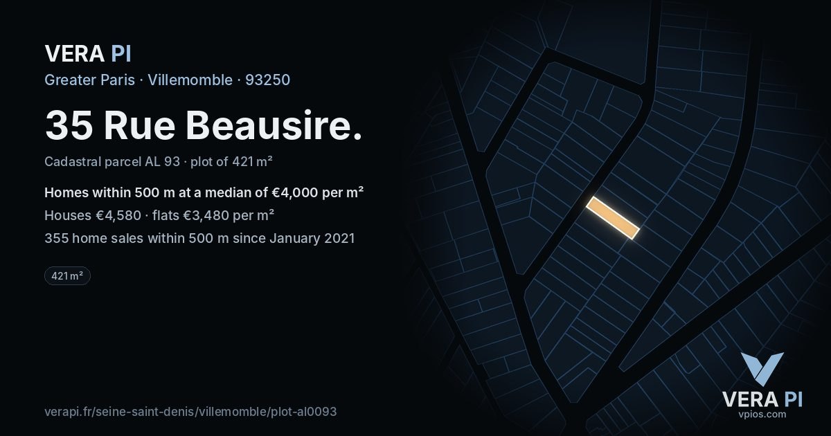 35 Rue Beausire, Villemomble at night – the plot lit, the parcels around coloured by the prices near them