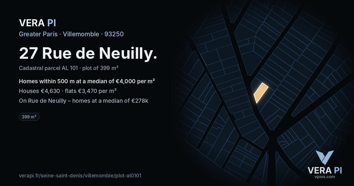 27 Rue de Neuilly, Villemomble at night – the plot lit, the parcels around coloured by the prices near them