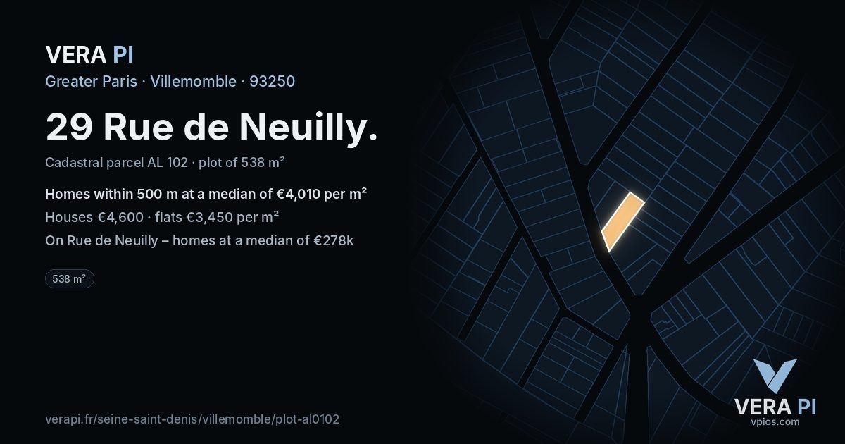29 Rue de Neuilly, Villemomble at night – the plot lit, the parcels around coloured by the prices near them