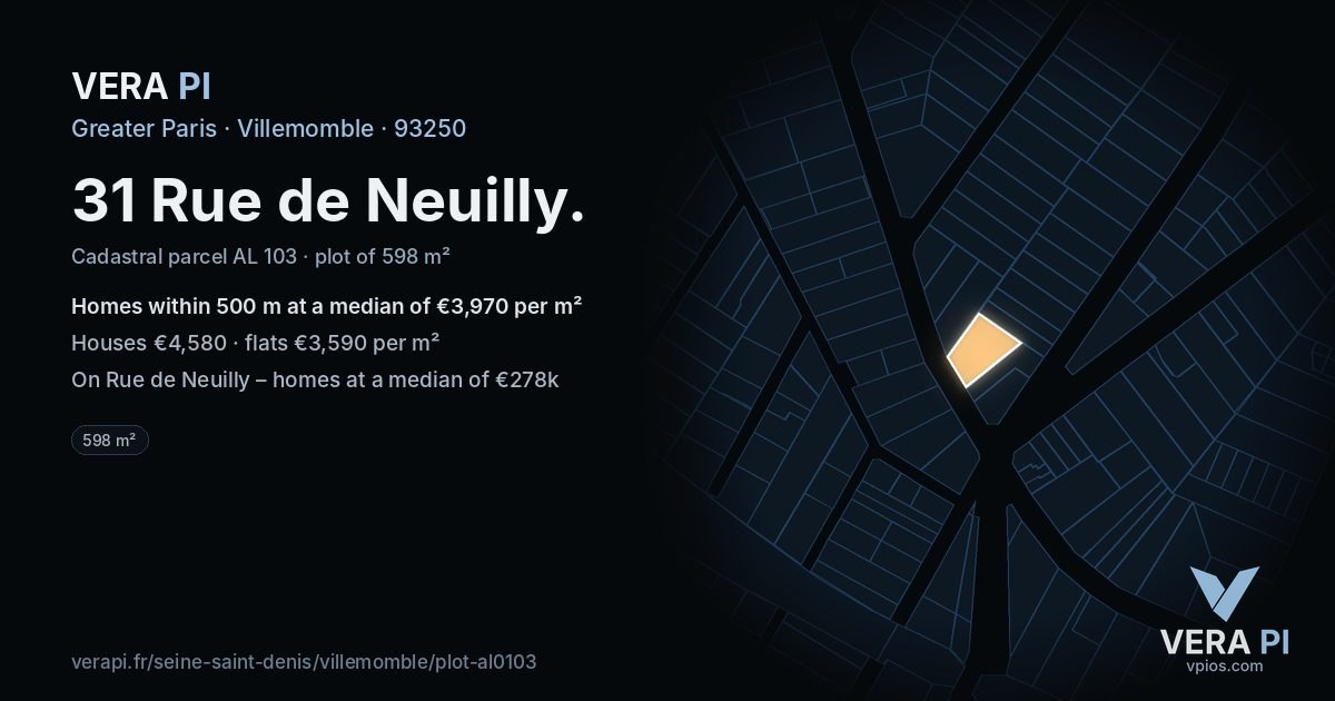 31 Rue de Neuilly, Villemomble at night – the plot lit, the parcels around coloured by the prices near them