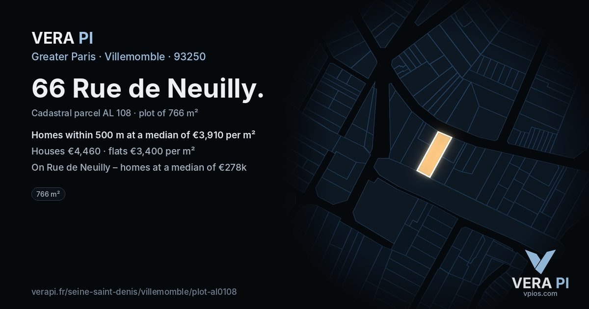 66 Rue de Neuilly, Villemomble at night – the plot lit, the parcels around coloured by the prices near them