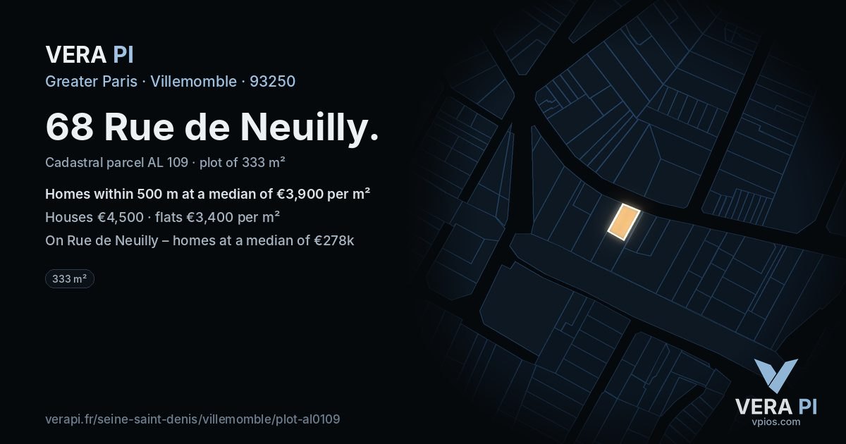 68 Rue de Neuilly, Villemomble at night – the plot lit, the parcels around coloured by the prices near them