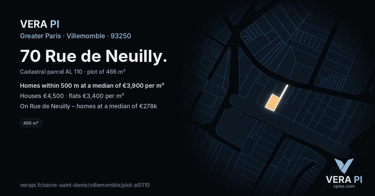 70 Rue de Neuilly, Villemomble at night – the plot lit, the parcels around coloured by the prices near them