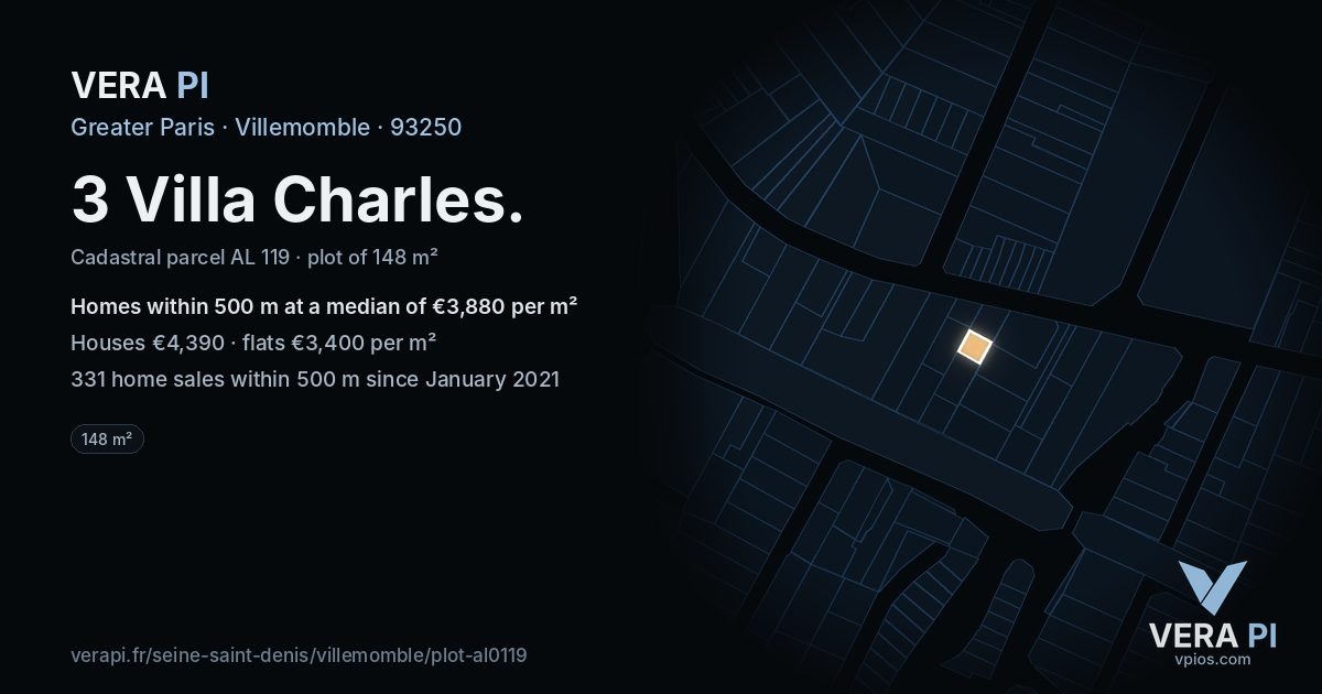 3 Villa Charles, Villemomble at night – the plot lit, the parcels around coloured by the prices near them