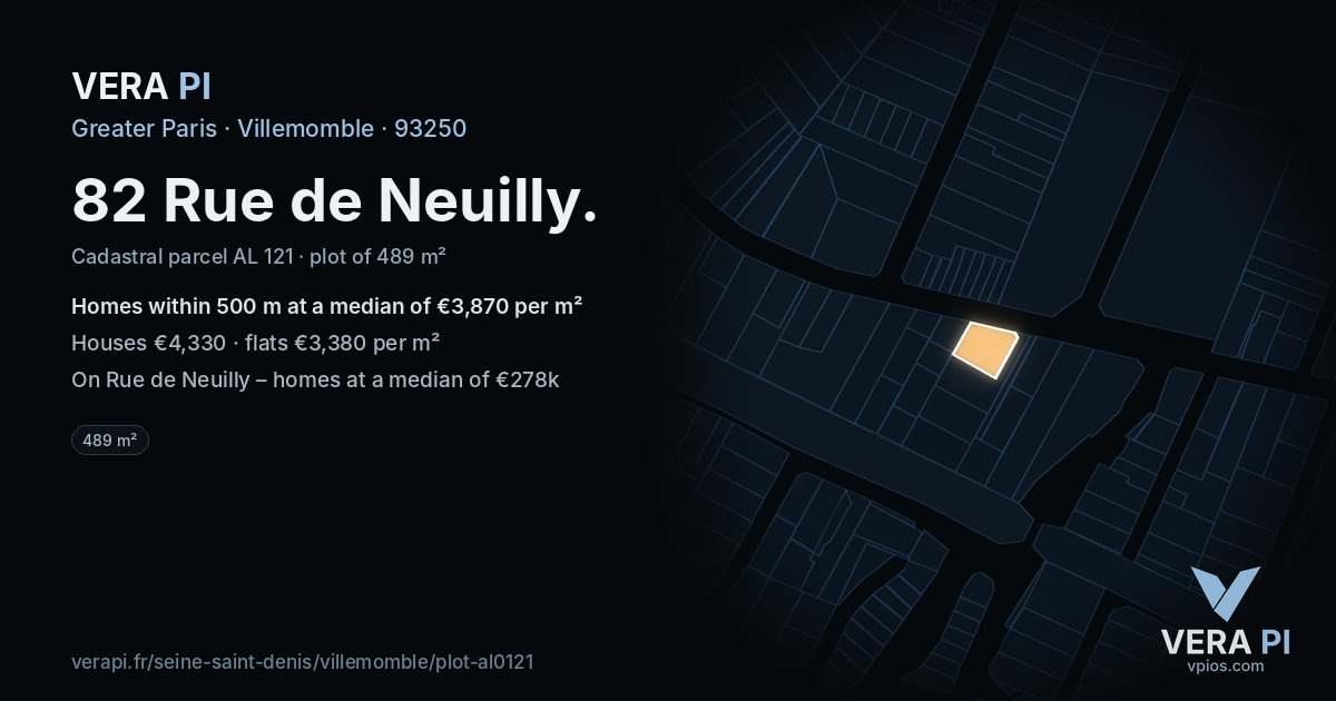 82 Rue de Neuilly, Villemomble at night – the plot lit, the parcels around coloured by the prices near them