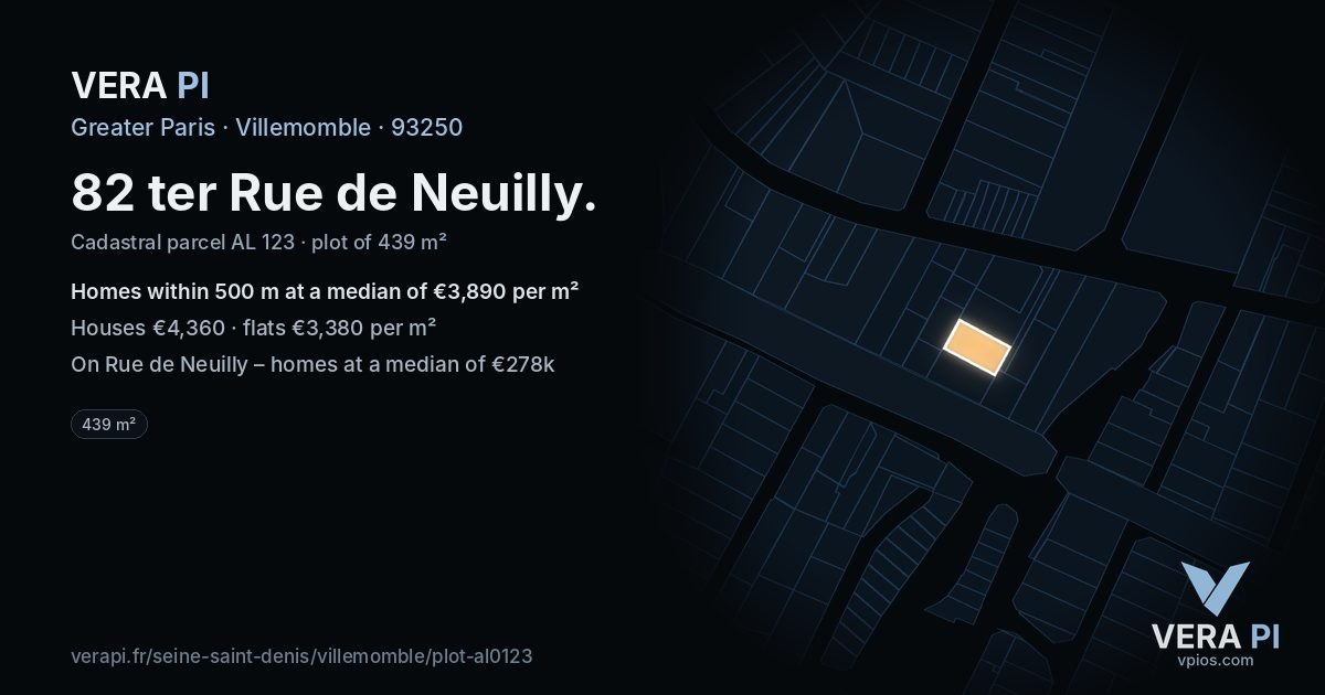 82 ter Rue de Neuilly, Villemomble at night – the plot lit, the parcels around coloured by the prices near them
