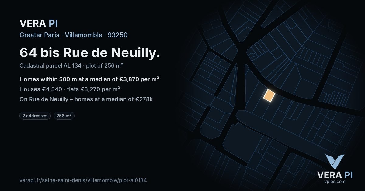 64 bis Rue de Neuilly, Villemomble at night – the plot lit, the parcels around coloured by the prices near them