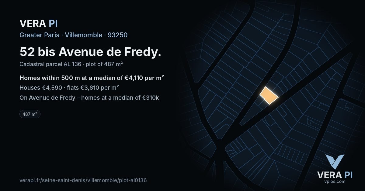 52 bis Avenue de Fredy, Villemomble at night – the plot lit, the parcels around coloured by the prices near them