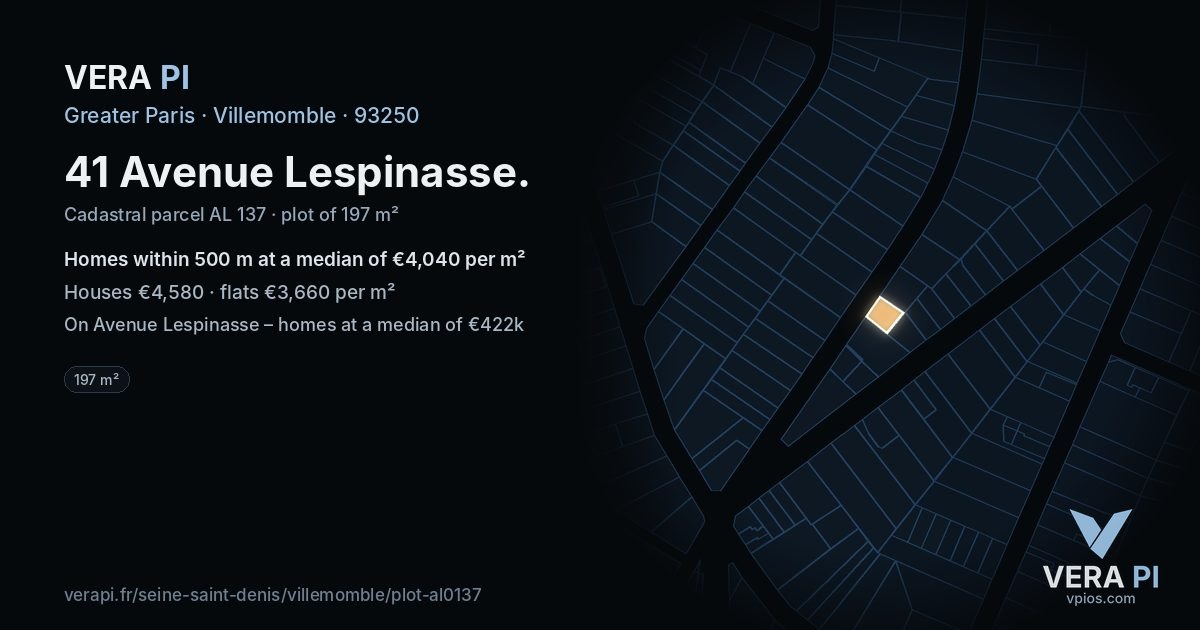 41 Avenue Lespinasse, Villemomble at night – the plot lit, the parcels around coloured by the prices near them