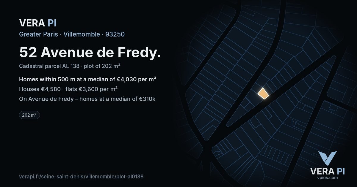 52 Avenue de Fredy, Villemomble at night – the plot lit, the parcels around coloured by the prices near them