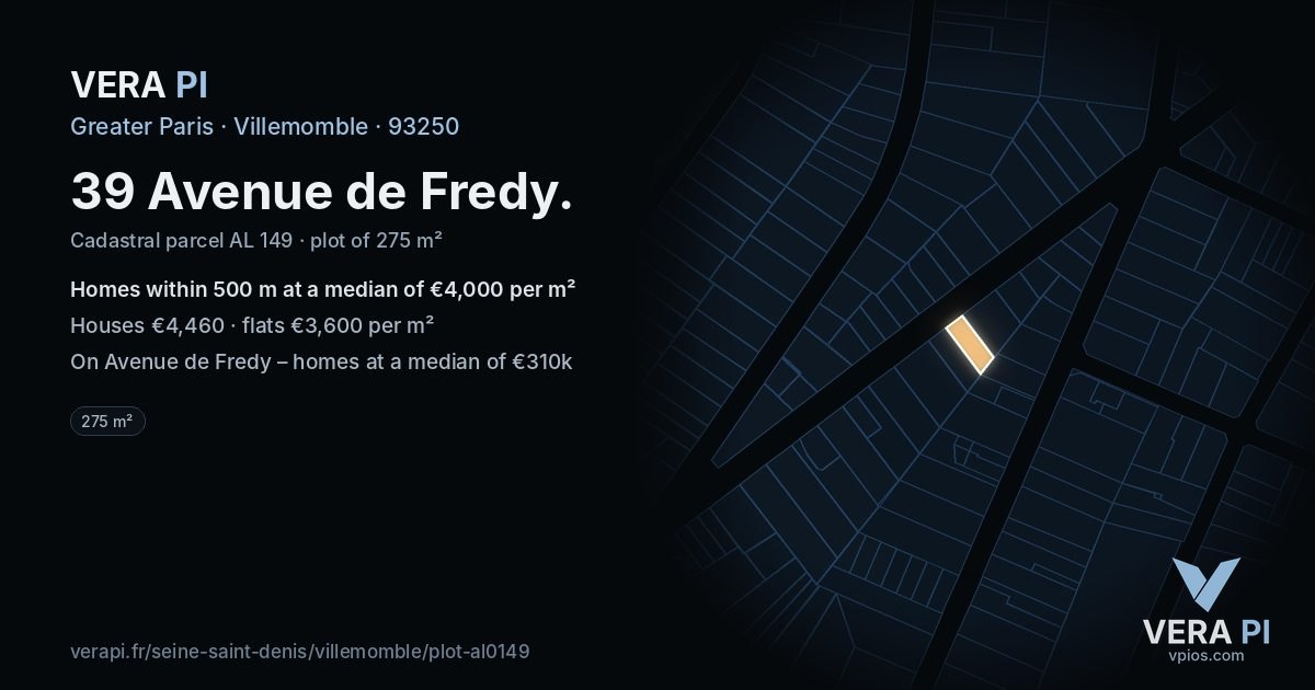 39 Avenue de Fredy, Villemomble at night – the plot lit, the parcels around coloured by the prices near them