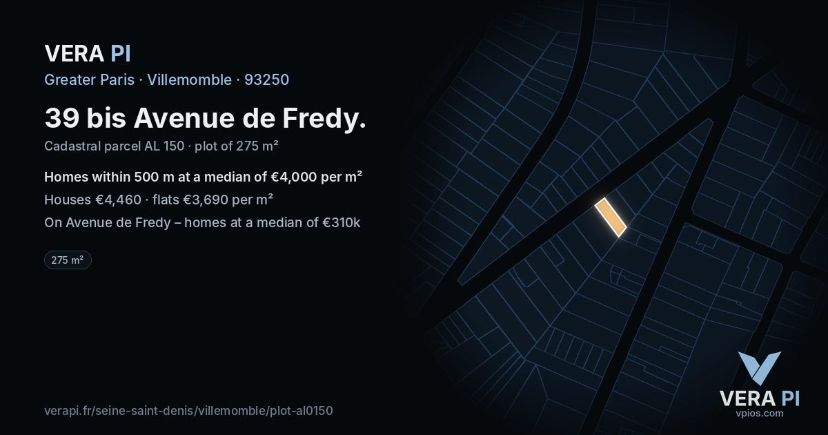 39 bis Avenue de Fredy, Villemomble at night – the plot lit, the parcels around coloured by the prices near them