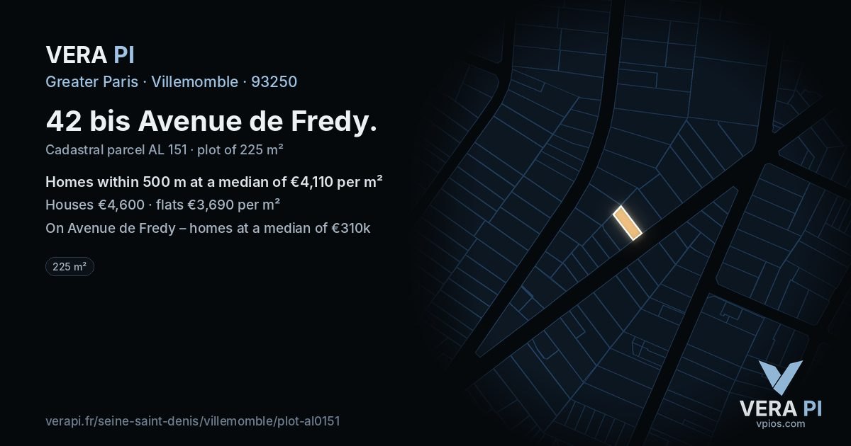 42 bis Avenue de Fredy, Villemomble at night – the plot lit, the parcels around coloured by the prices near them