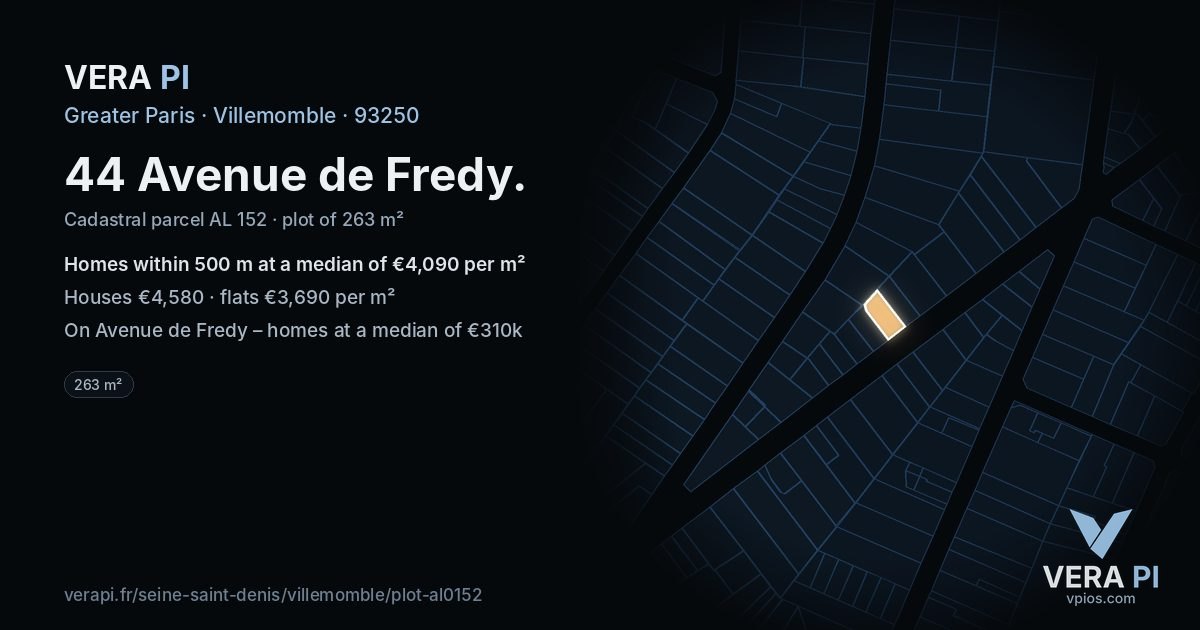 44 Avenue de Fredy, Villemomble at night – the plot lit, the parcels around coloured by the prices near them
