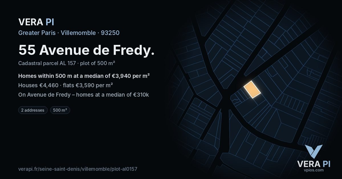 55 Avenue de Fredy, Villemomble at night – the plot lit, the parcels around coloured by the prices near them