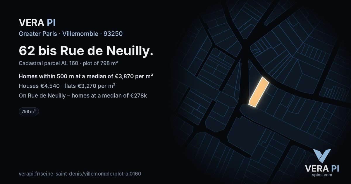 62 bis Rue de Neuilly, Villemomble at night – the plot lit, the parcels around coloured by the prices near them