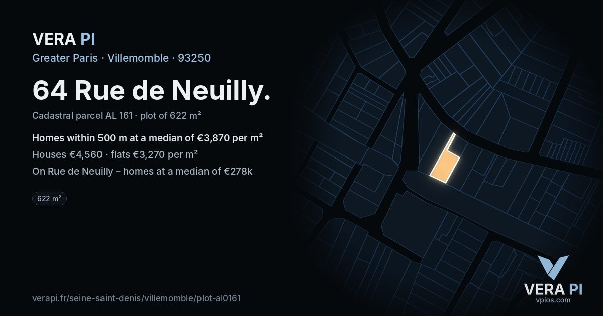 64 Rue de Neuilly, Villemomble at night – the plot lit, the parcels around coloured by the prices near them