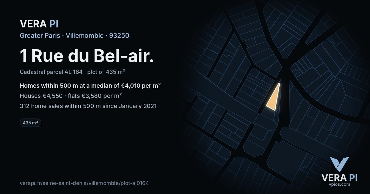 1 Rue du Bel-air, Villemomble at night – the plot lit, the parcels around coloured by the prices near them