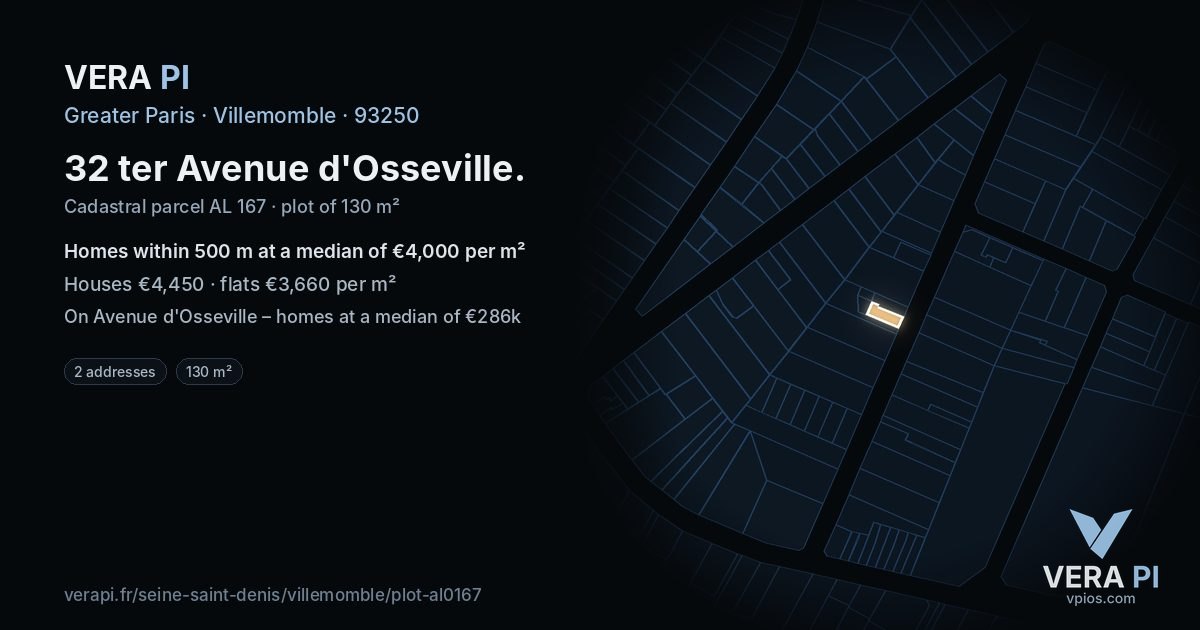 32 ter Avenue d'Osseville, Villemomble at night – the plot lit, the parcels around coloured by the prices near them